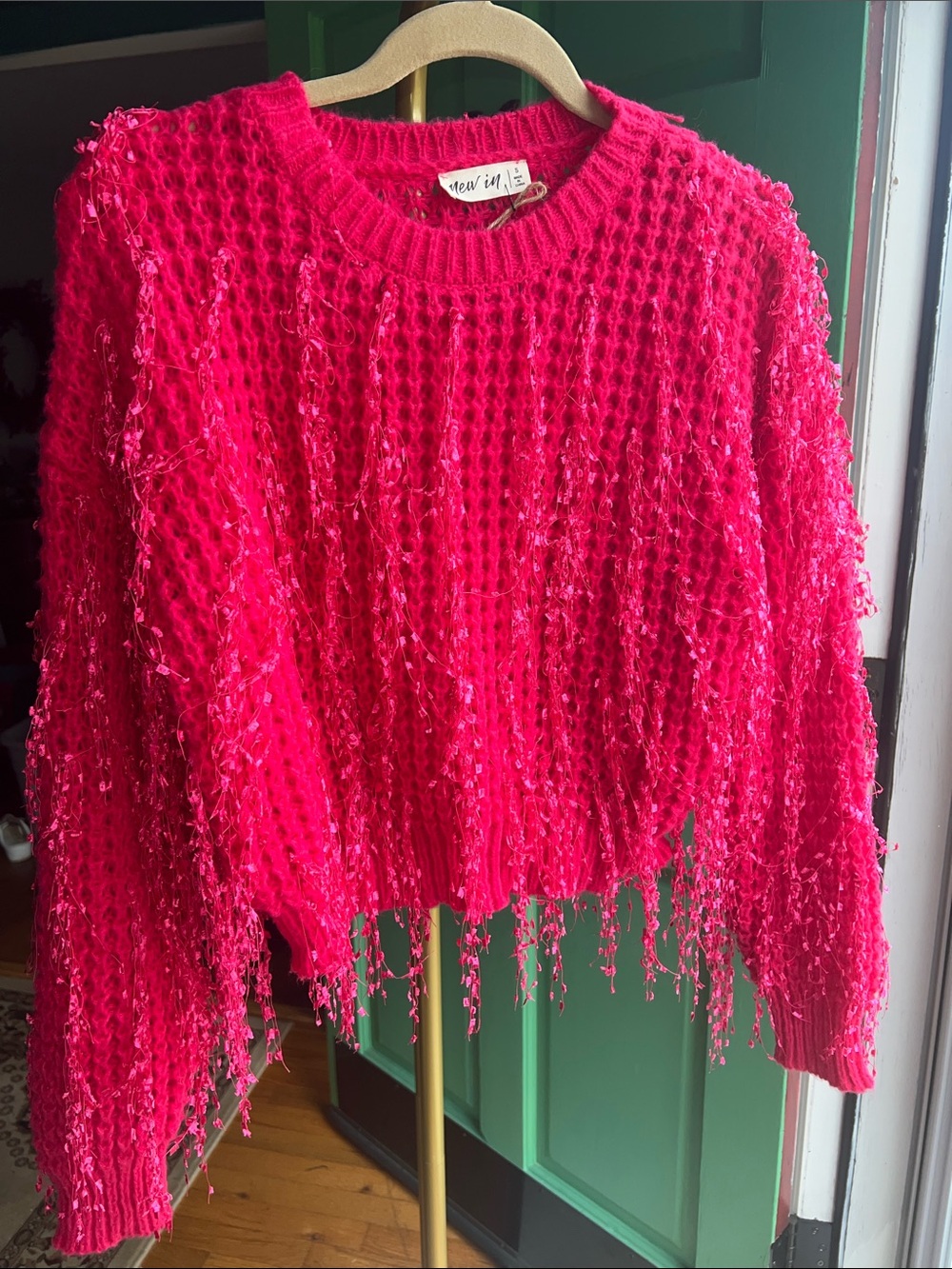 New In Bright Pink Fringe Knit cropped sweater  Top - Small NWT